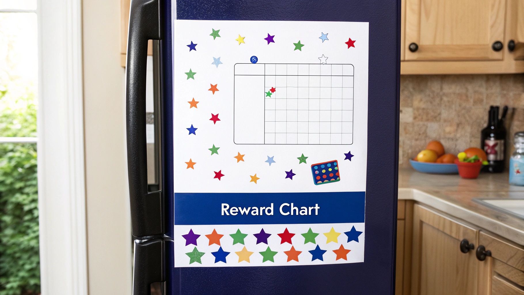 A collection of potty training tools like a potty chair, sticker chart, and small toys.