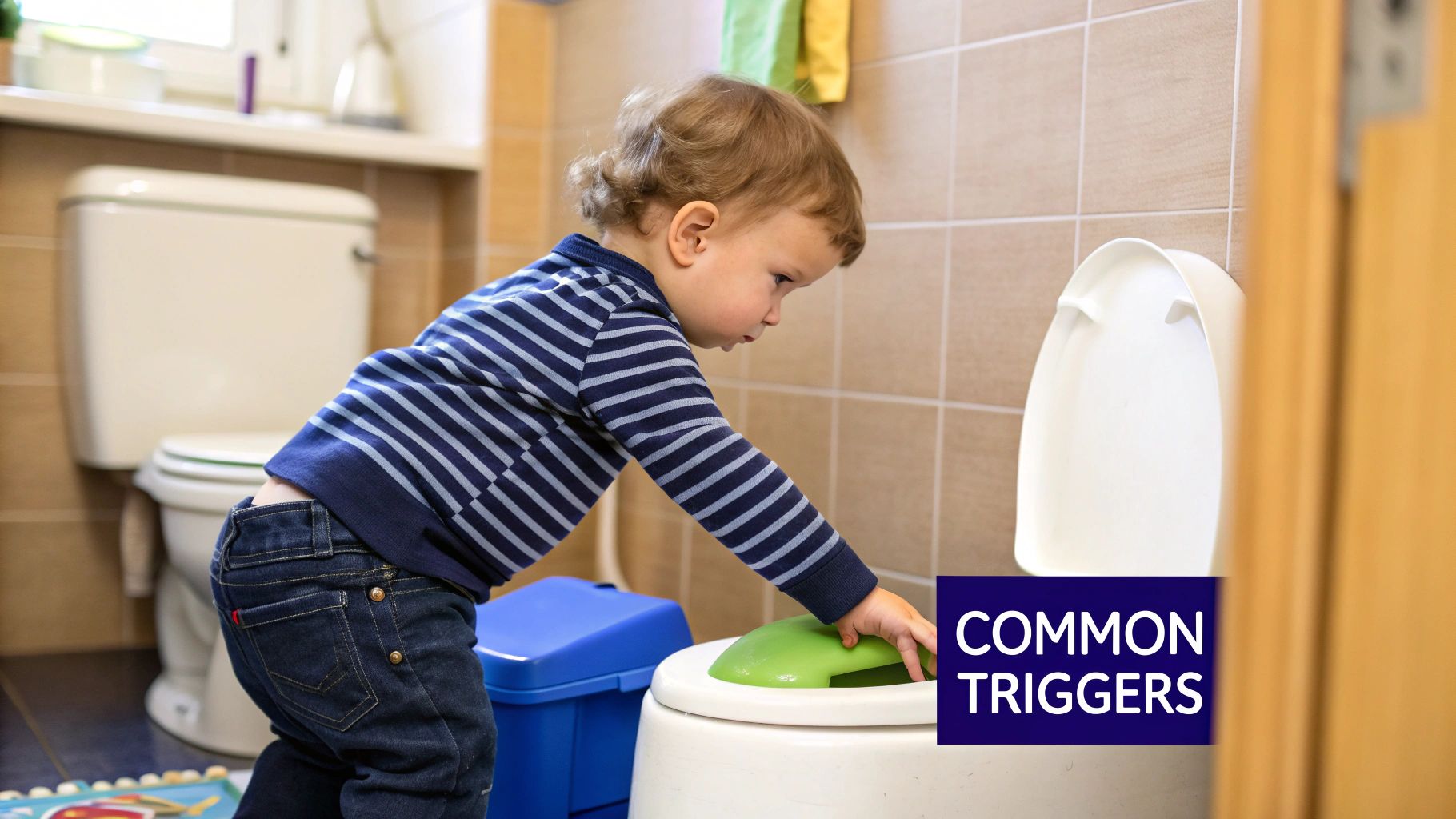 A toddler laughing while sitting on a small potty in a living room.