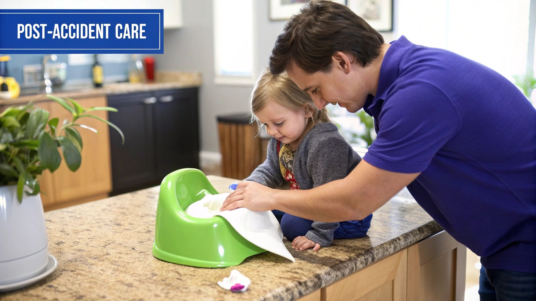 A mother comforts her frustrated toddler, both sitting on the floor in a brightly lit room.