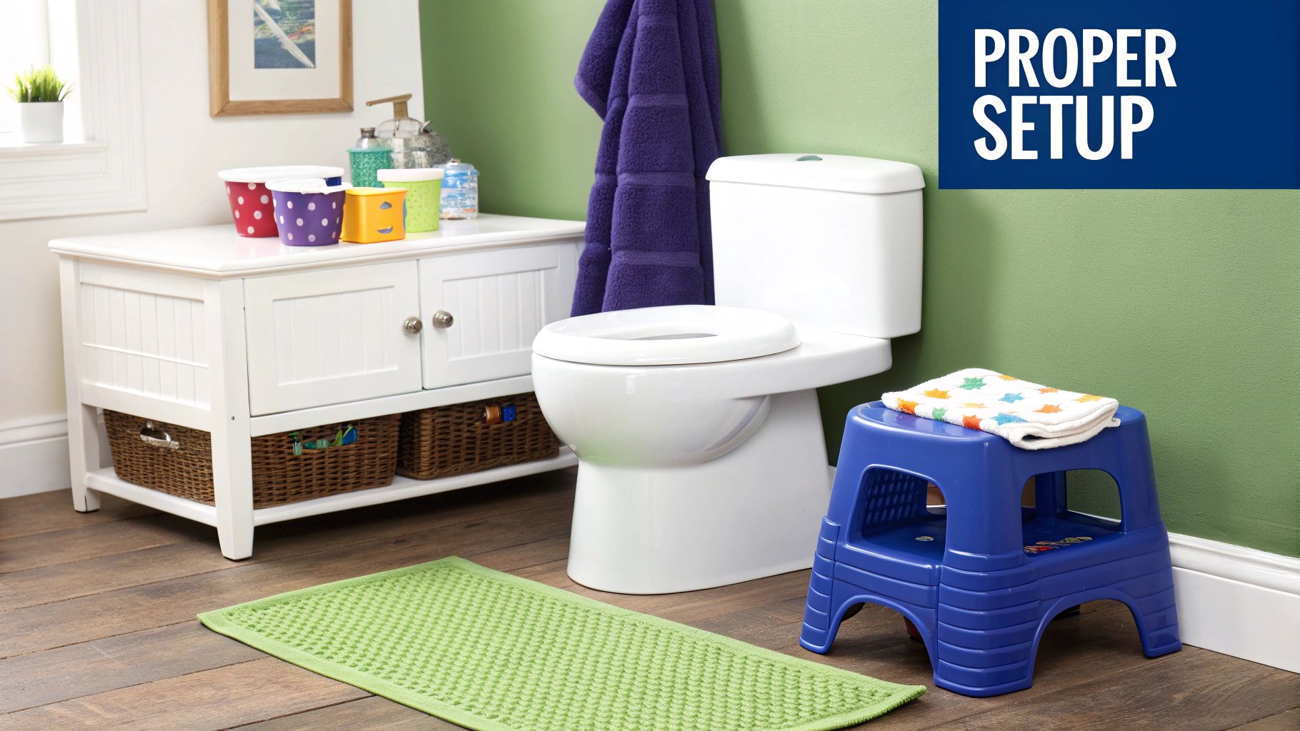A toddler looking curiously at a small blue potty placed on a bathroom floor.
