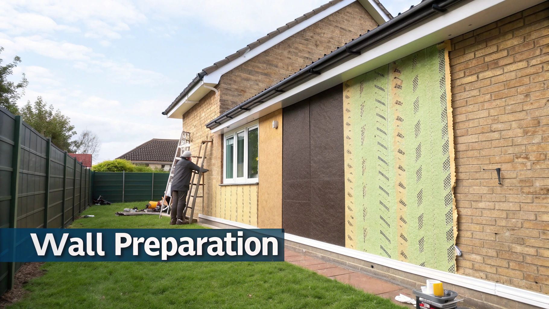 A wall being prepared with a breathable membrane and wooden battens before timber cladding is installed