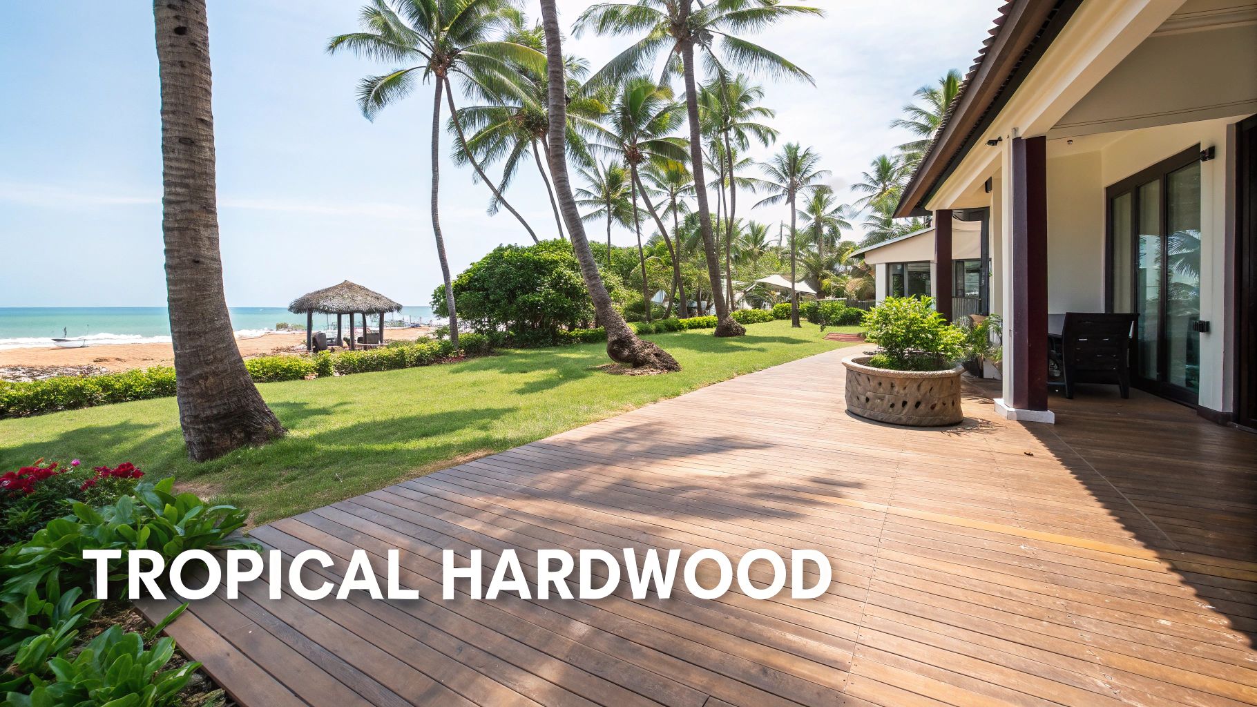 Hardwood Tropical Decking featuring rich, deep colours and a smooth finish on a luxury patio.