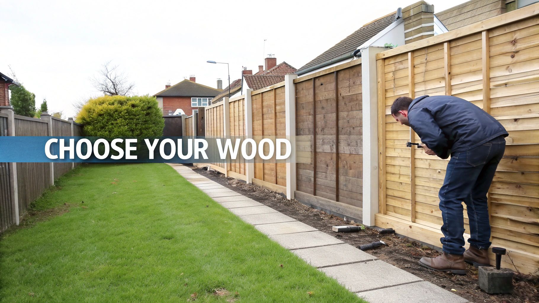 A modern wooden fence surrounding a garden with lush greenery