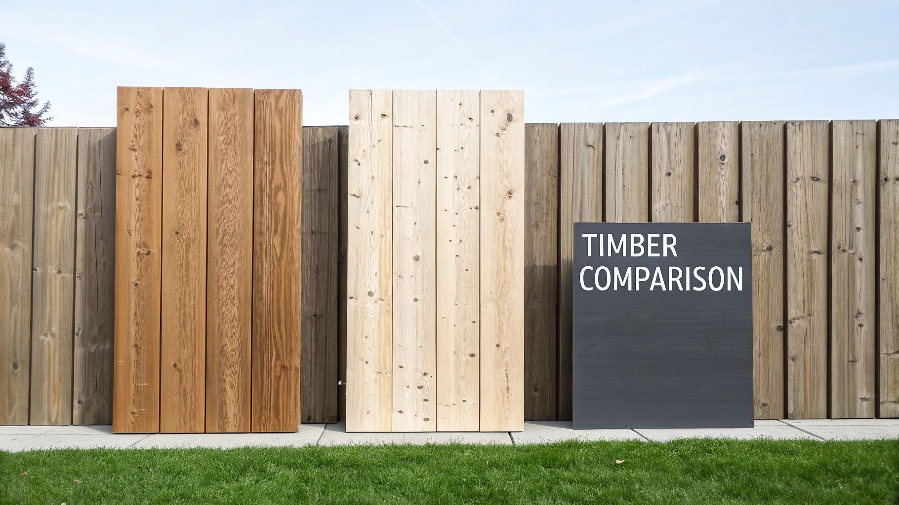 A stack of various timber planks for fences, showing different grains and colours.