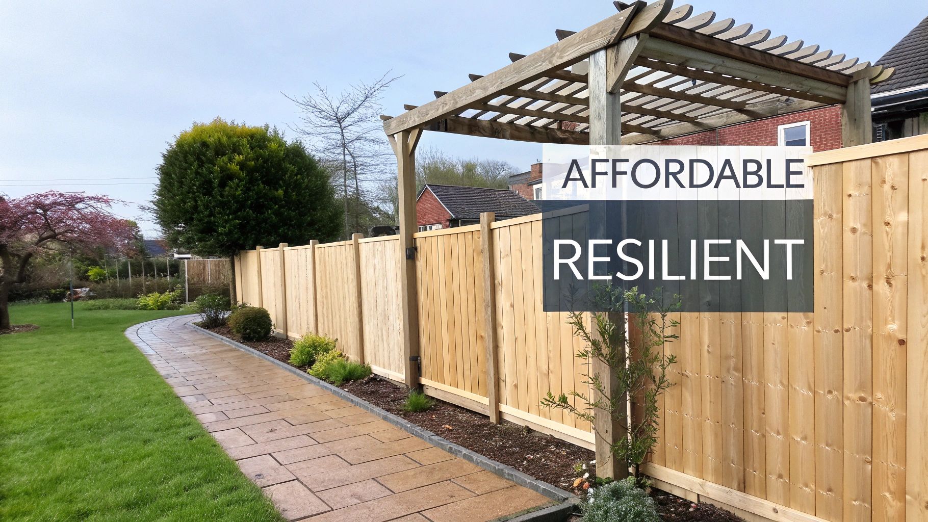 A beautiful wooden pergola made from resilient softwood, set in a sunny garden.