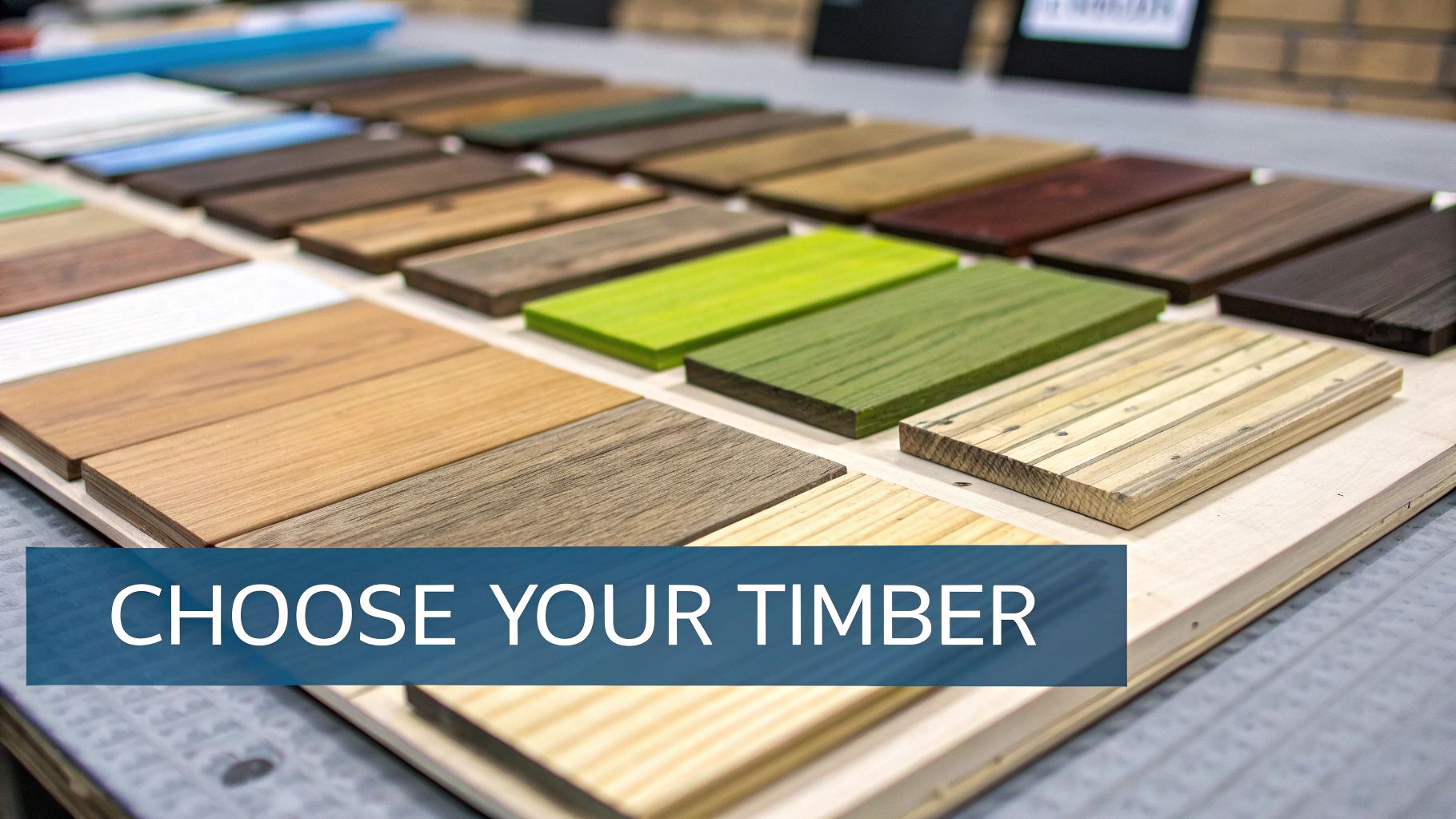 Close-up of different wooden cladding panels showing various wood grains and colours
