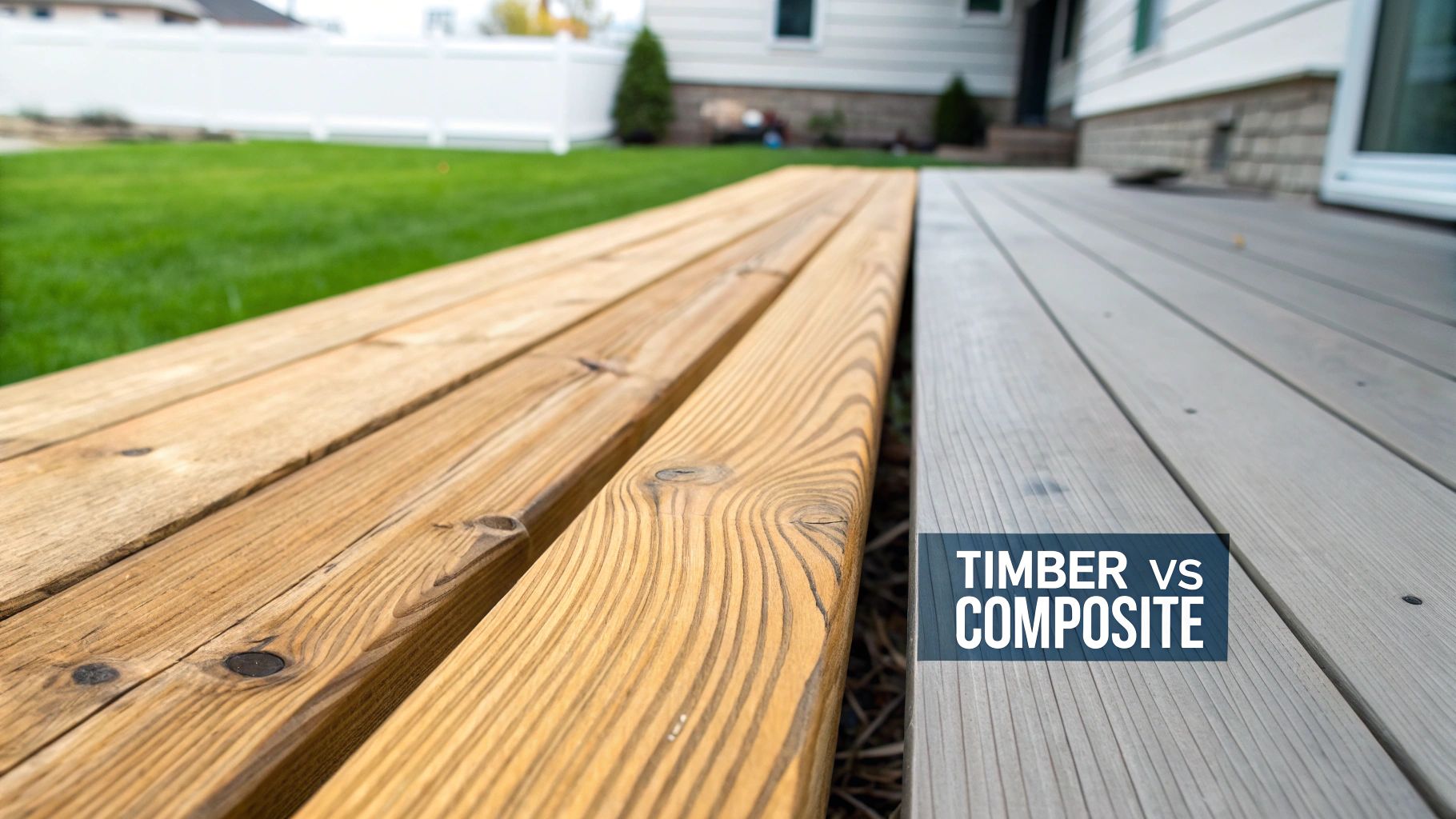 A visually appealing composite deck with outdoor furniture, set in a well-maintained garden, showcasing a modern and low-maintenance outdoor living space.