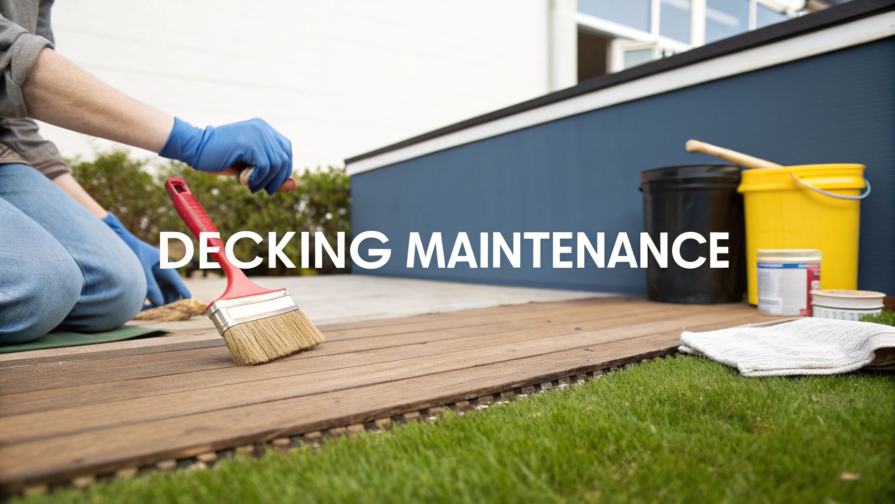A person pressure washing a wooden deck to clean it.