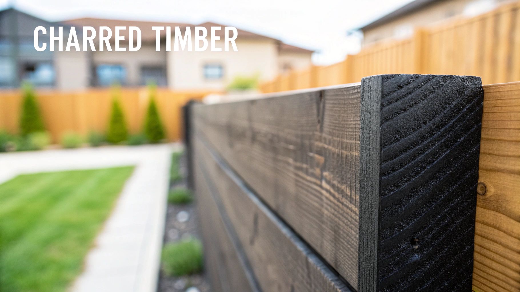 A close-up view of a modern fence made from charred timber planks, showcasing the deep black, textured surface.
