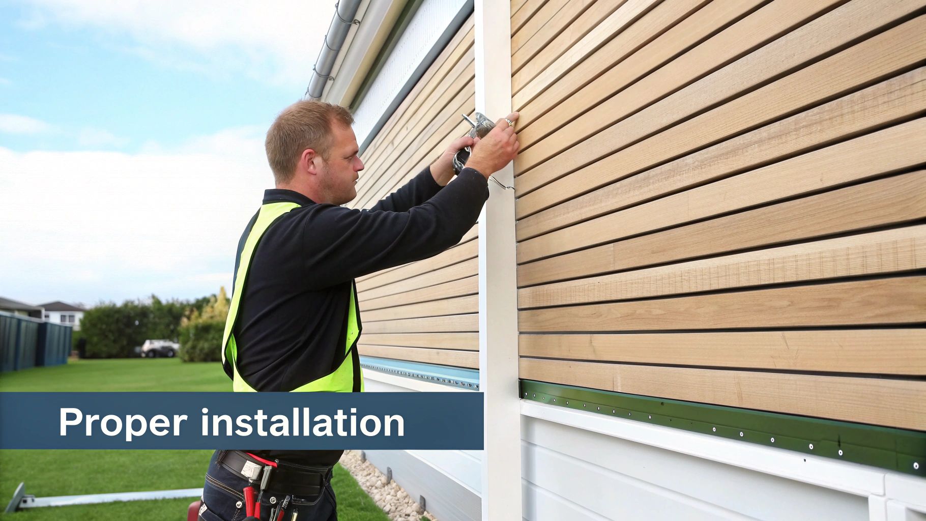 Vertical timber cladding being installed on a building