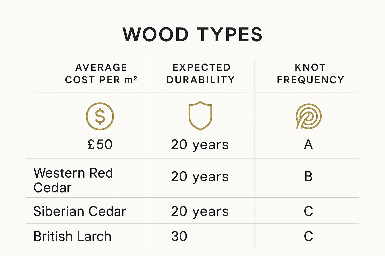 Infographic comparing Western Red Cedar, Siberian Larch, and British Larch on cost, durability, and knot frequency.