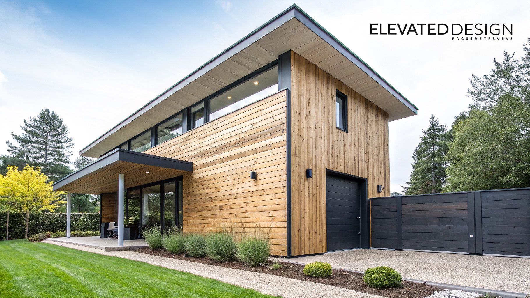 A modern home featuring clean lines of vertical cedar cladding, surrounded by lush greenery