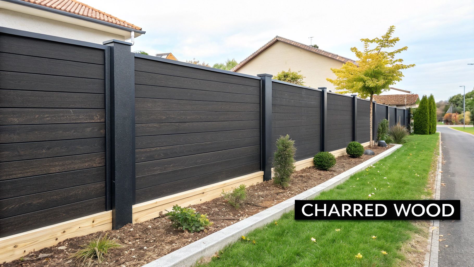 A stunning black charred wood fence providing a dramatic backdrop to a garden