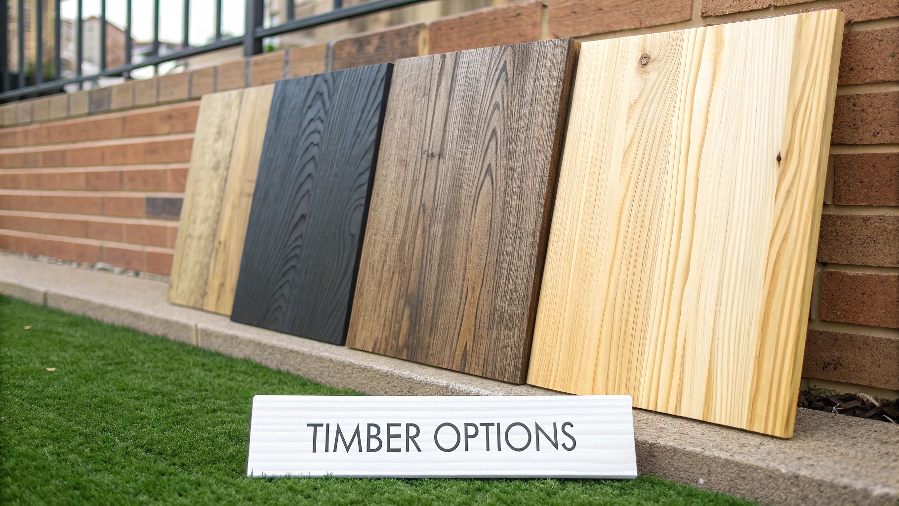 A selection of different timber cladding finishes, including natural and charred wood.