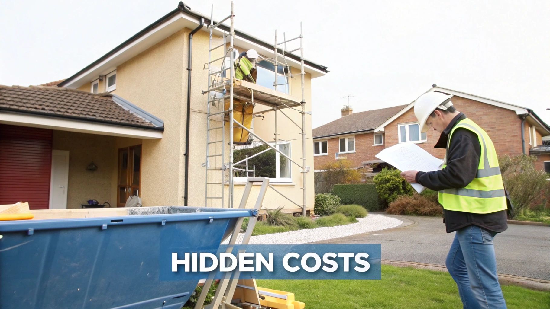 Scaffolding set up on a house for cladding installation