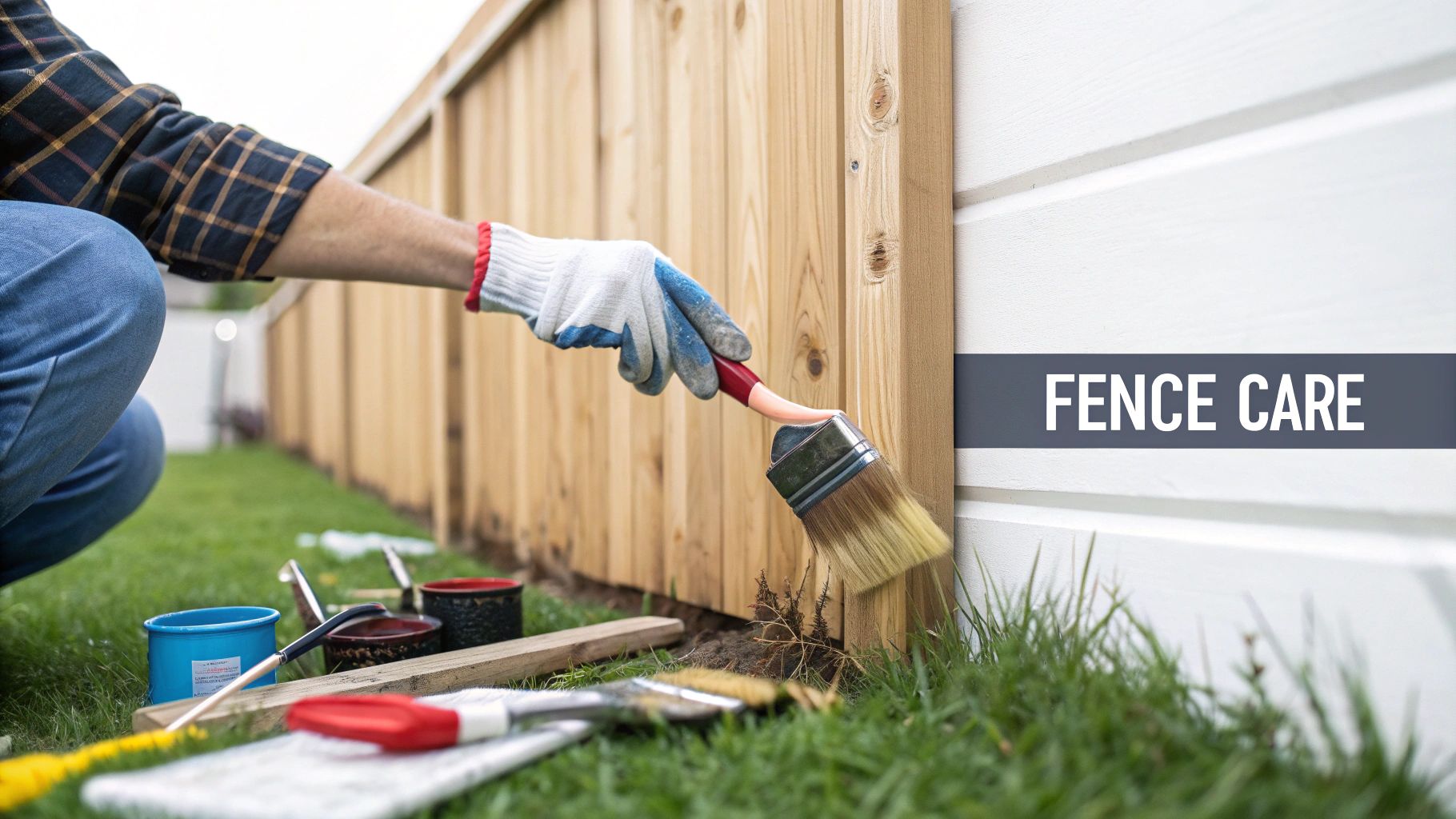 A person staining a wooden garden fence with a brush.