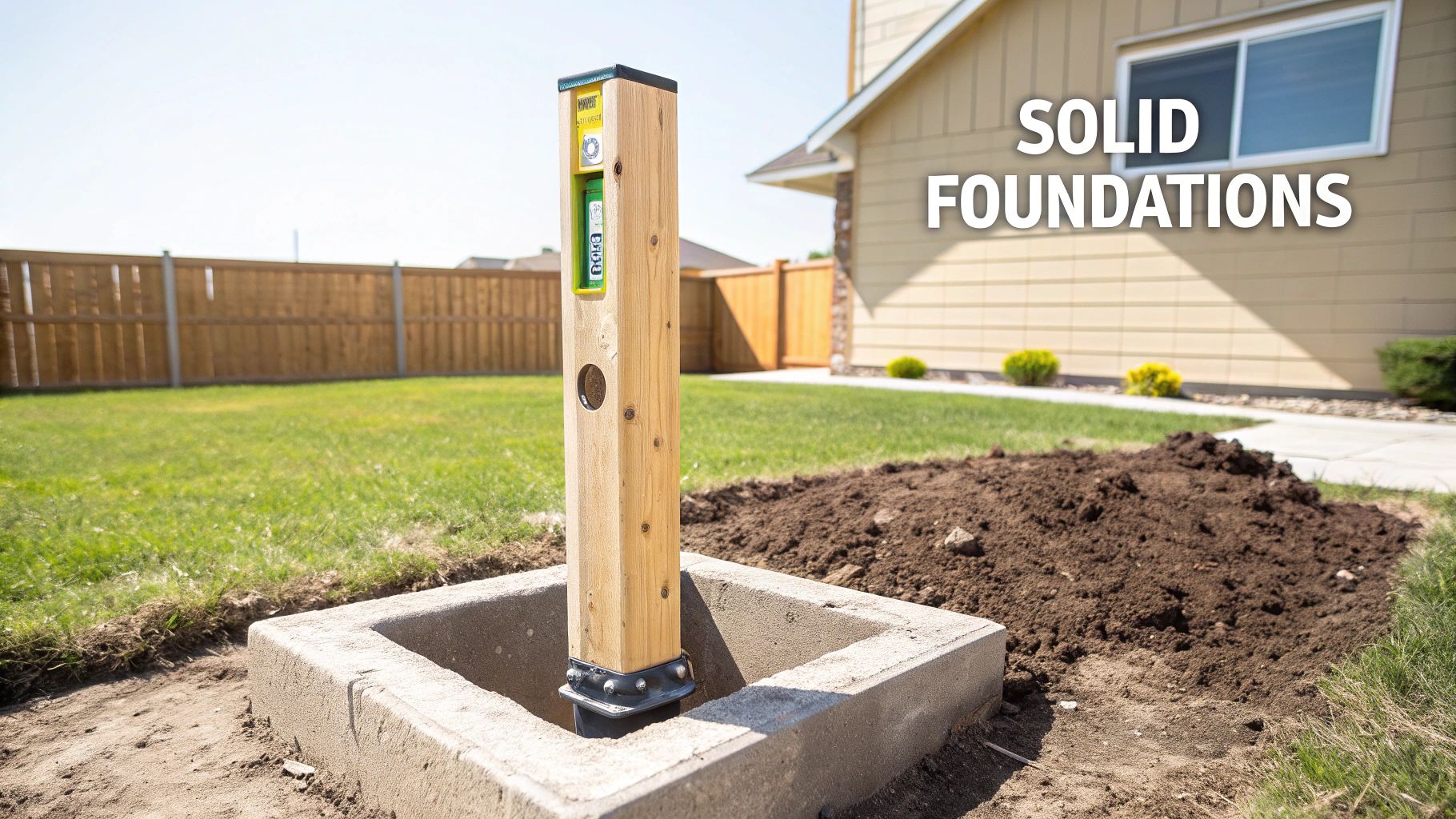 A person installing a wooden fence post into a hole in the ground.