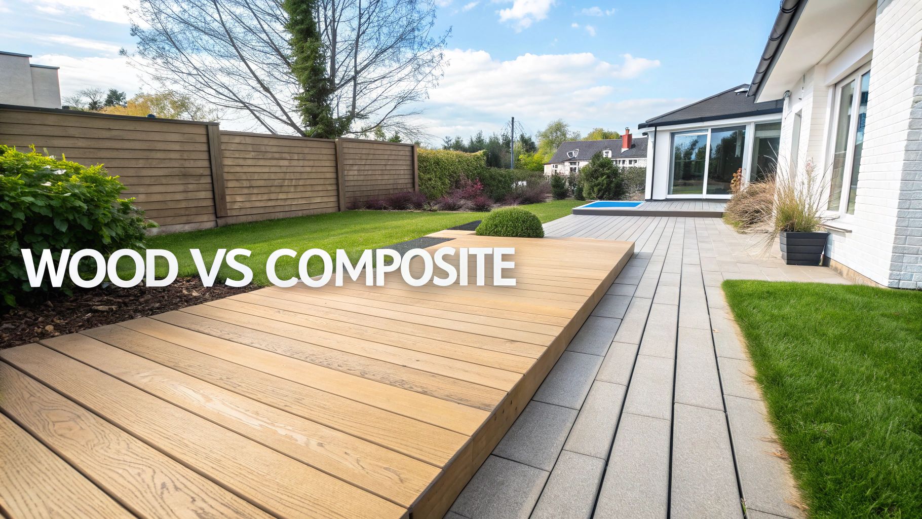 A stylish modern garden featuring dark composite decking next to a lush green lawn.
