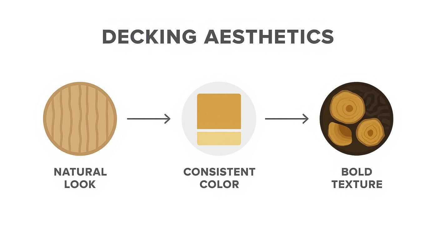 Infographic decision tree comparing decking aesthetics Natural Look, Consistent Color, and Bold Texture.