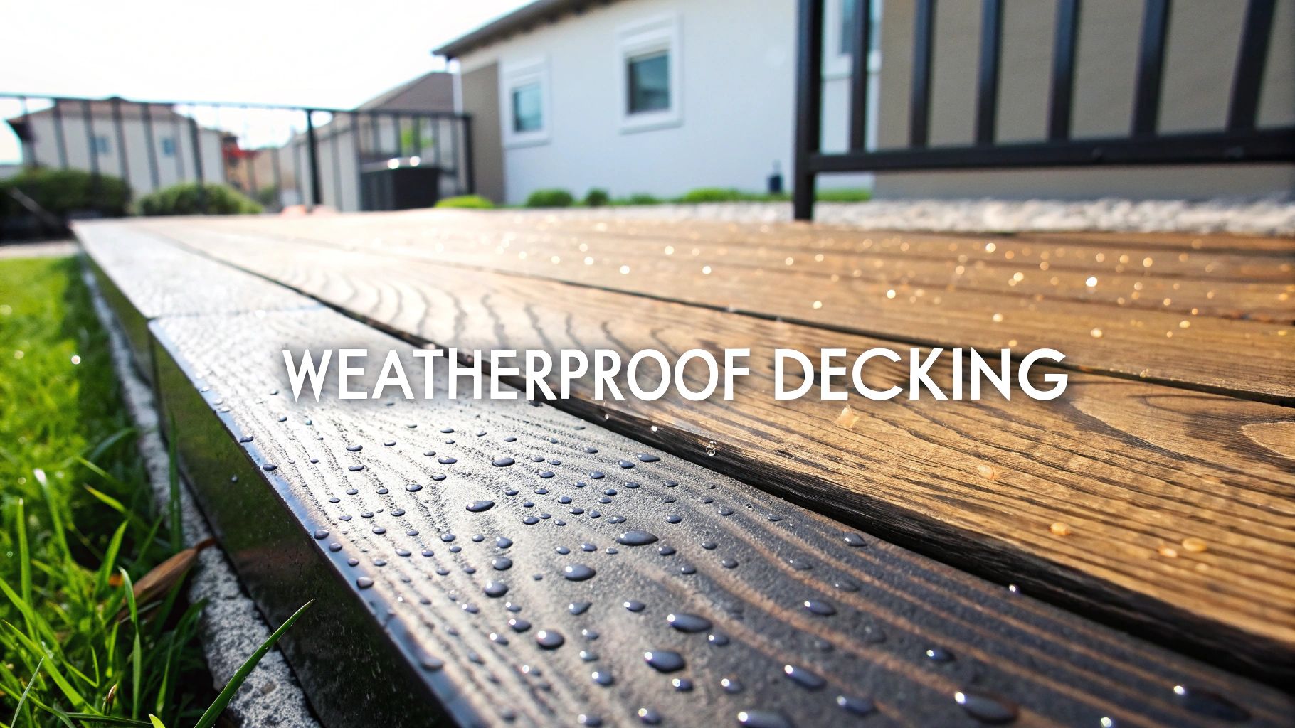 A close-up shot of weathered wood decking with a beautiful grain, set against a backdrop of a lush garden.