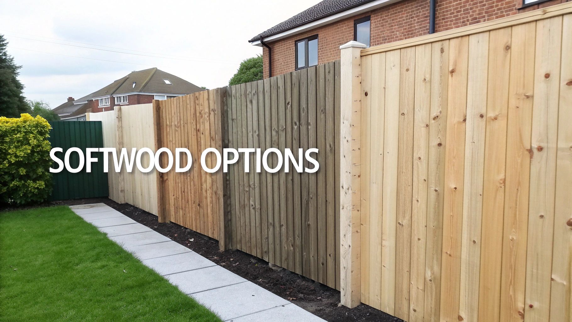 A newly installed softwood fence with a smooth, light-coloured finish.