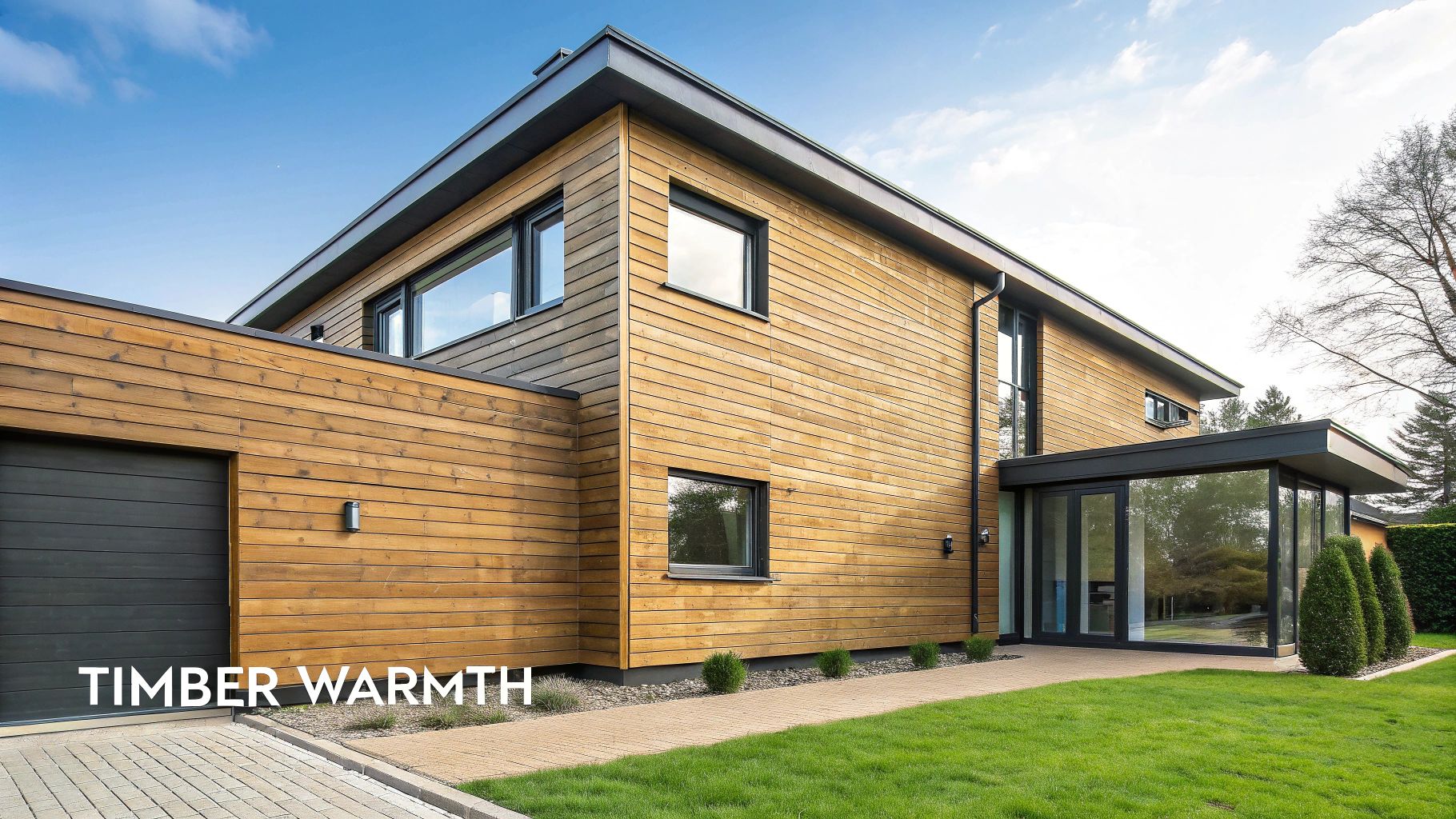 A modern home featuring dark, charred timber cladding
