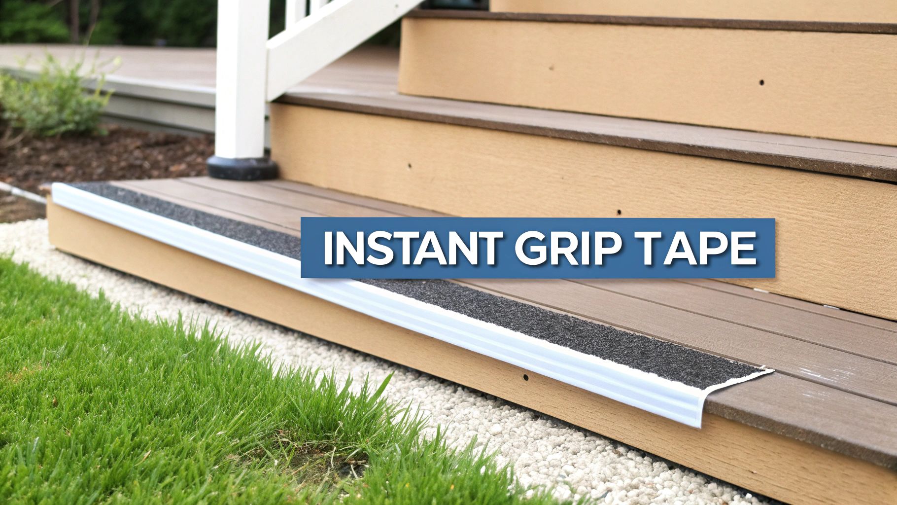 Anti-slip strips installed on wooden decking stairs