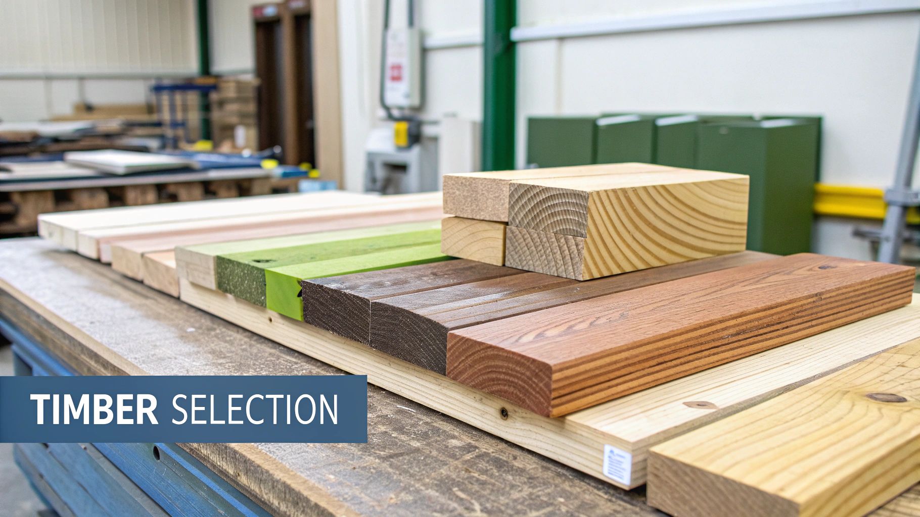 A close-up of different timber cladding samples showing various colours and textures