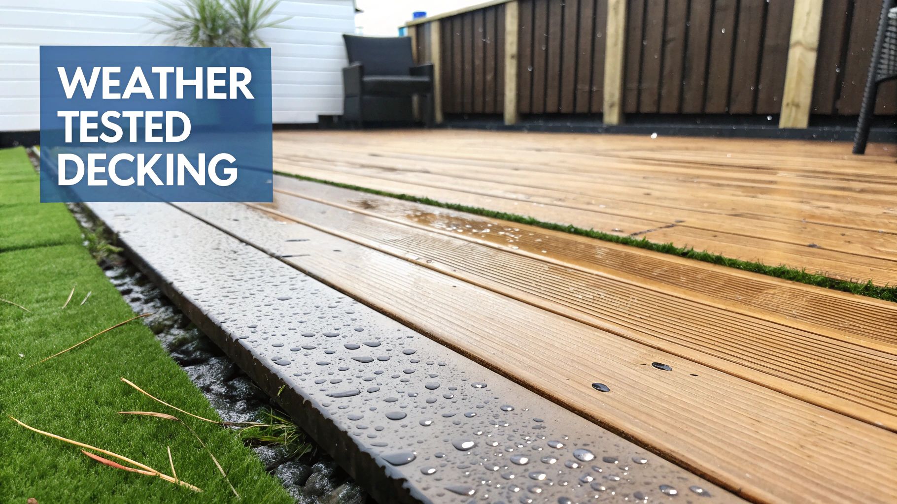 A modern garden deck with intricate patterns, showcasing a blend of wood and composite materials, lit by warm evening light.