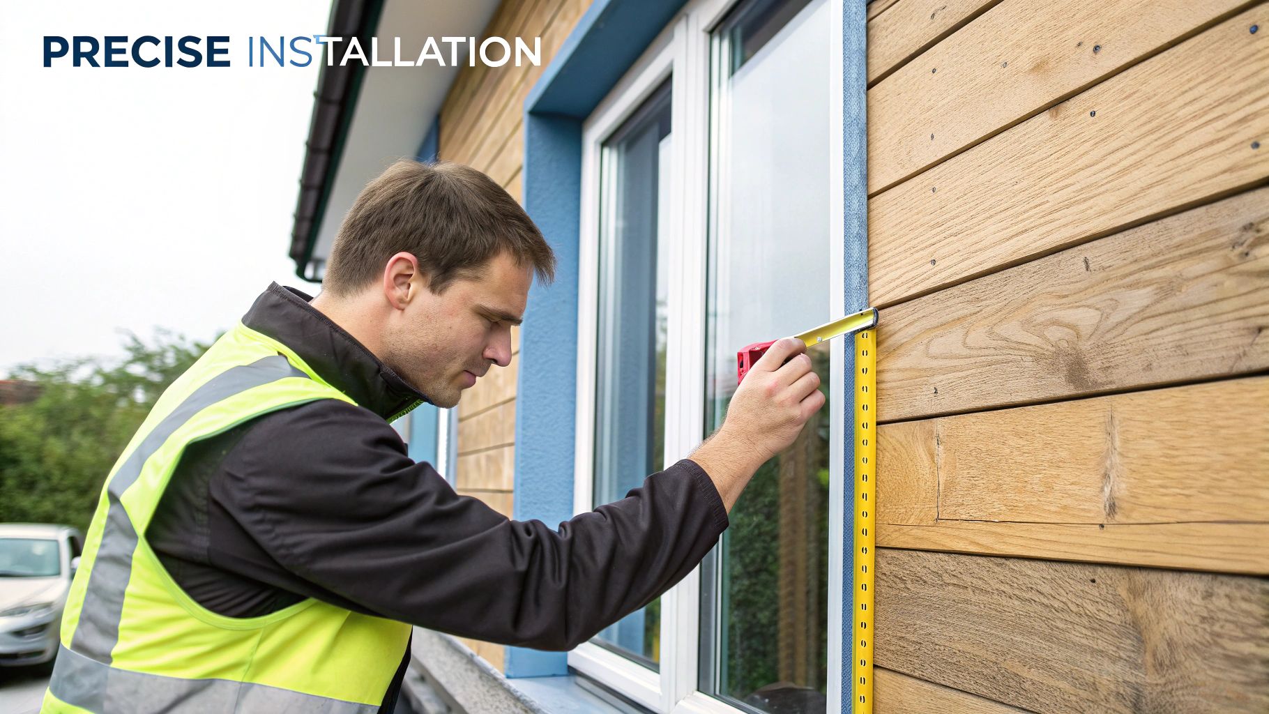 A detailed shot of wooden cladding being installed on a house, showing the structure behind the panels.