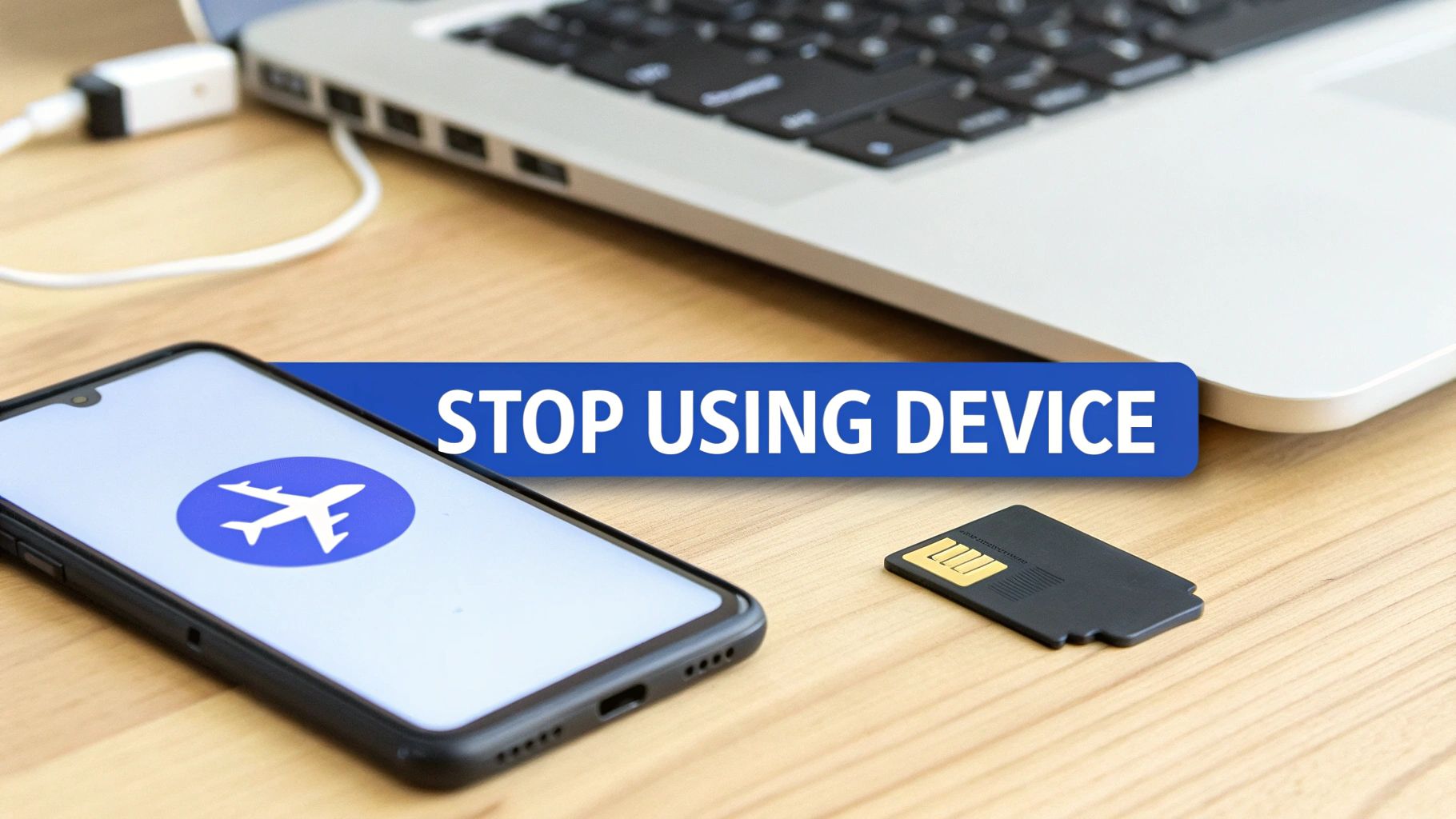 A smartphone in airplane mode, an SD card, and a laptop, with a 'STOP USING DEVICE' warning.