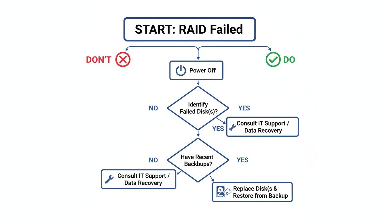 Flowchart for RAID failure recovery, outlining steps like power off, identifying failed disks, checking backups, and consulting support.