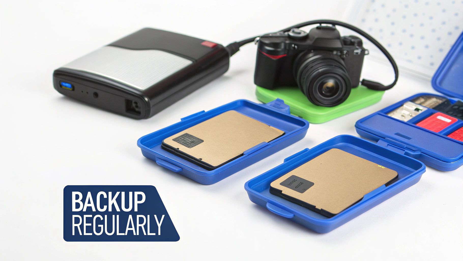 A digital camera, external drive, and multiple SSDs in blue cases for data backup on a white surface.
