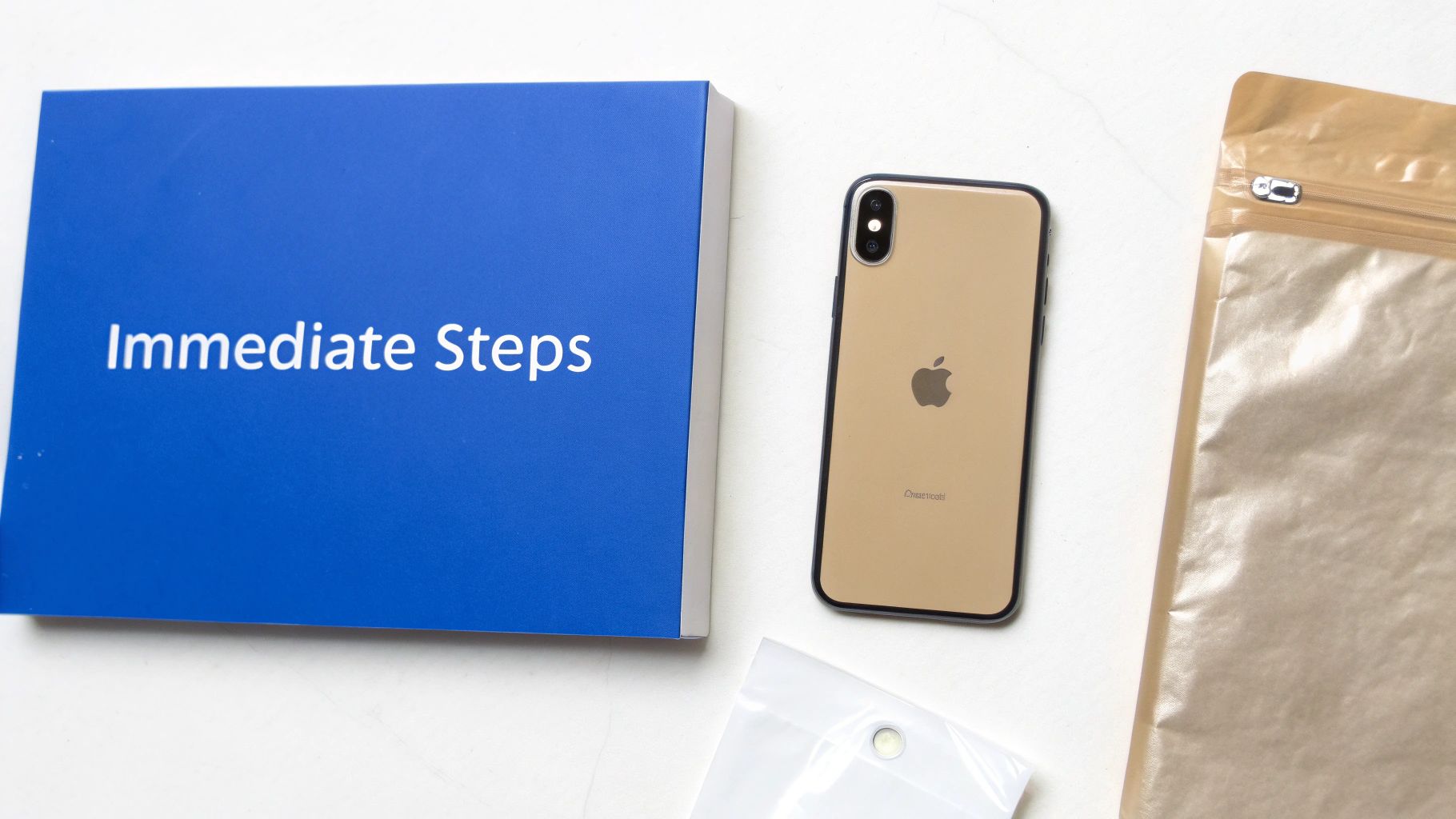 A blue book titled 'Immediate Steps' next to a gold iPhone and two pouches.