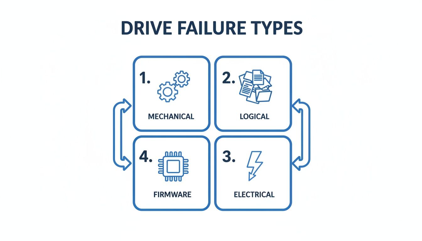 An infographic illustrating four drive failure types: mechanical, logical,electrical, and firmware, with corresponding icons.