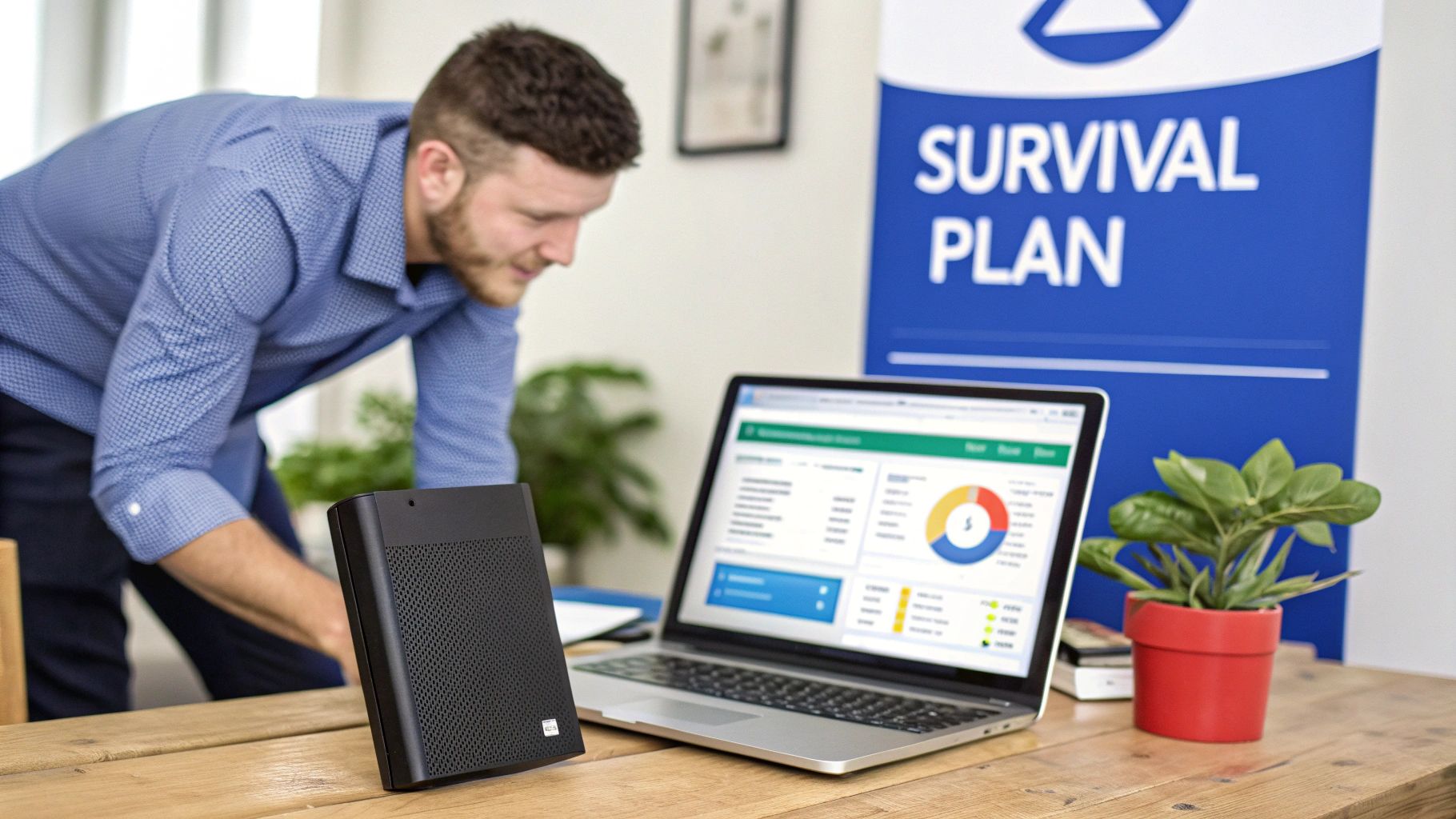 A man setting up a backup device next to a laptop displaying data, with a 'Survival Plan' banner.