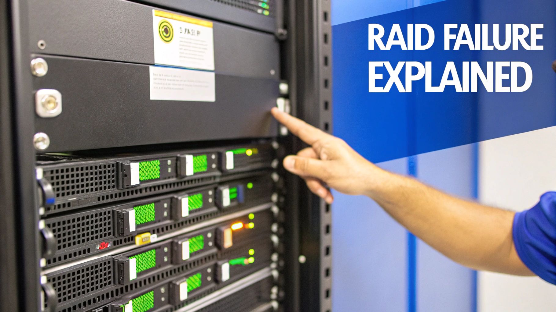 A hand points at drives in a server rack, with "RAID FAILURE EXPLAINED" text overlay.