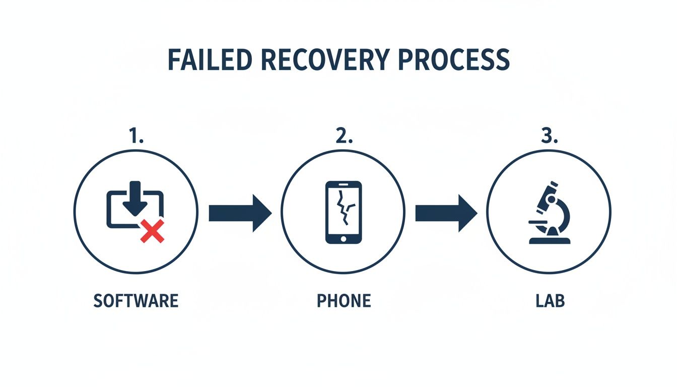 Diagram illustrating a failed data recovery process, showing progression from software and phone failure to lab.