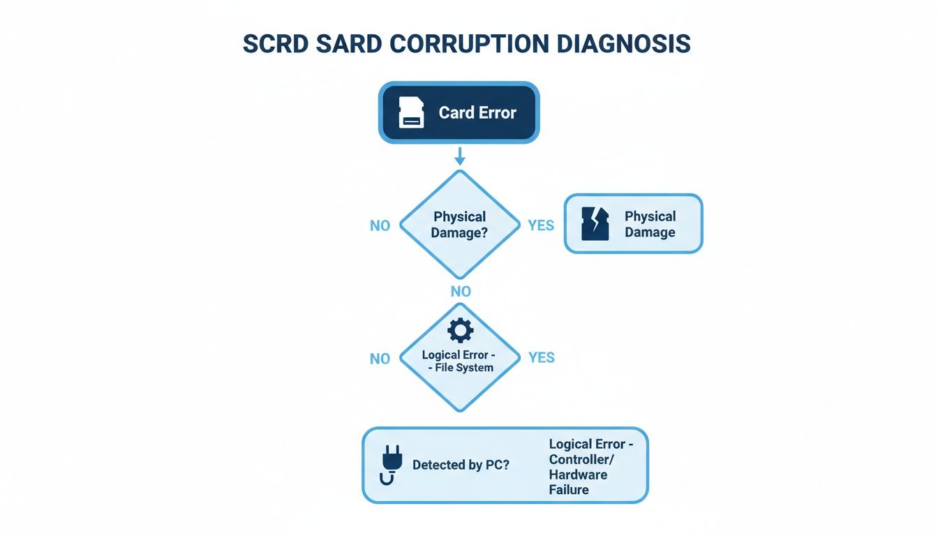 Flowchart illustrating the diagnosis of SCRD SARD card corruption, identifying physical and logical errors.