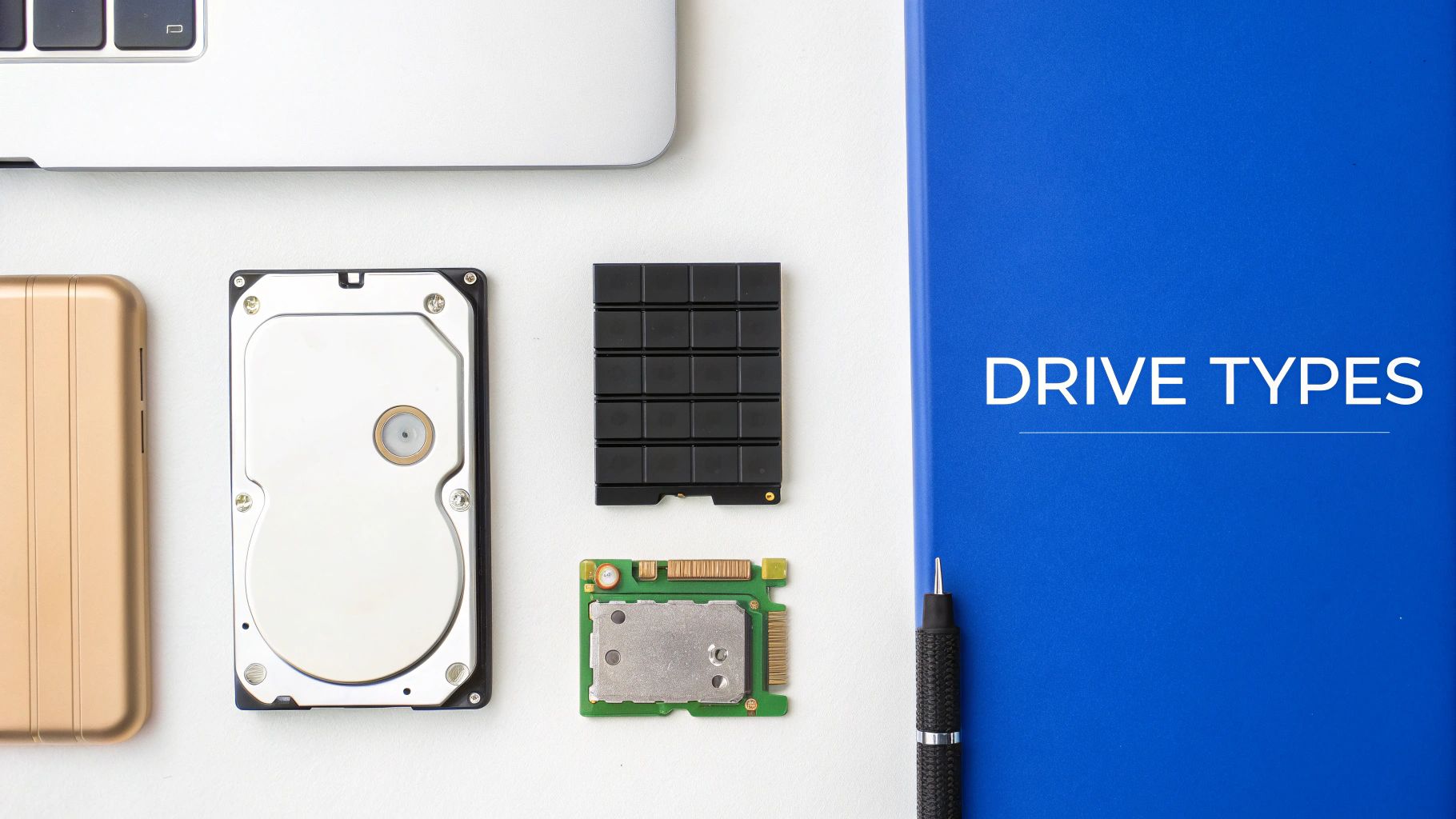 Flatlay showing various drive types: HDD, SSD, and memory cards, with a laptop and a 'DRIVE TYPES' notebook.