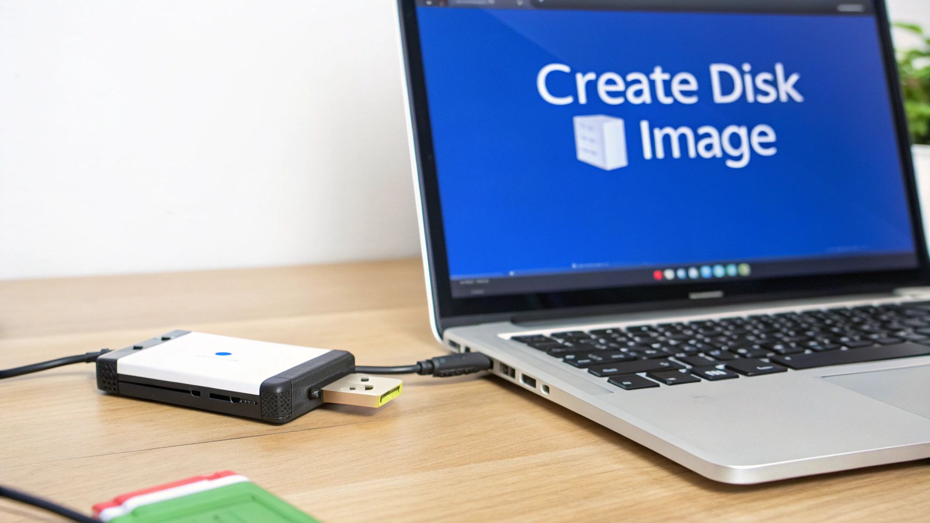 A laptop showing "Create Disk Image" on screen, connected to an external hard drive enclosure and a USB drive.