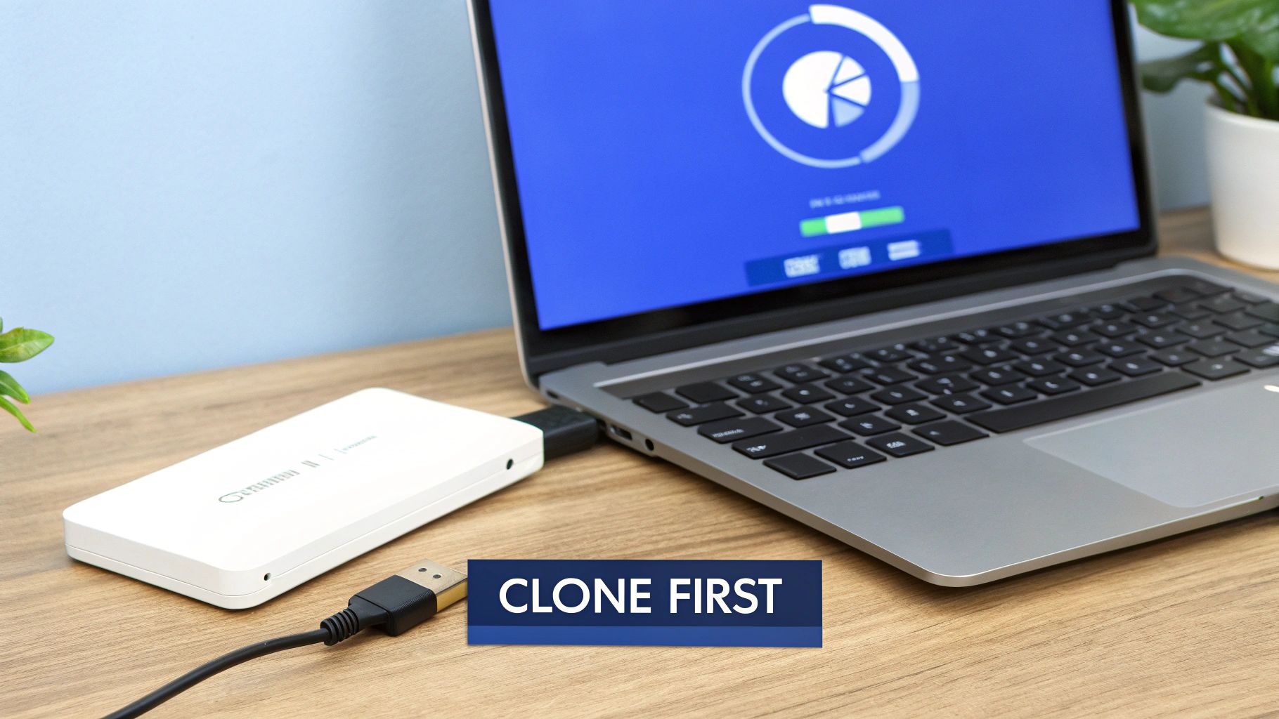 A laptop connected to an external hard drive, displaying a data cloning interface with a 'CLONE FIRST' message.