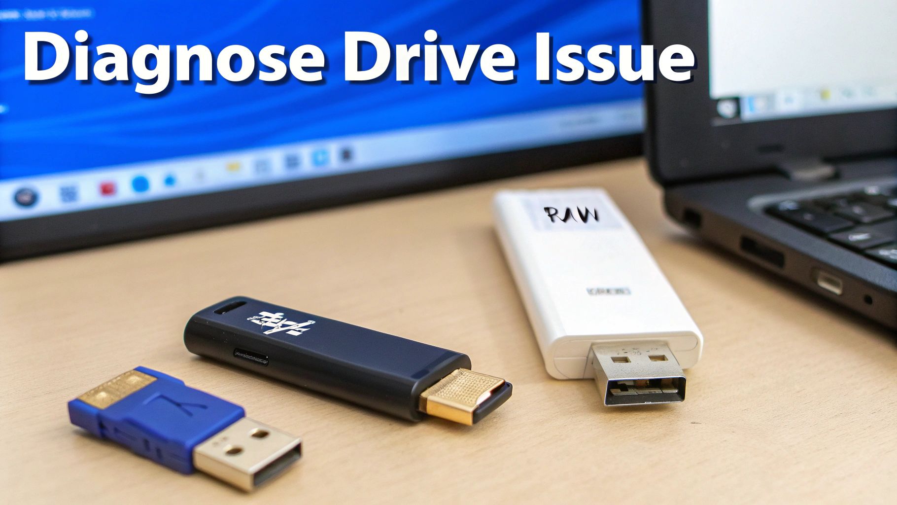 Close-up of a laptop screen displaying "Diagnose Drive Issue" with three USB flash drives on a table.