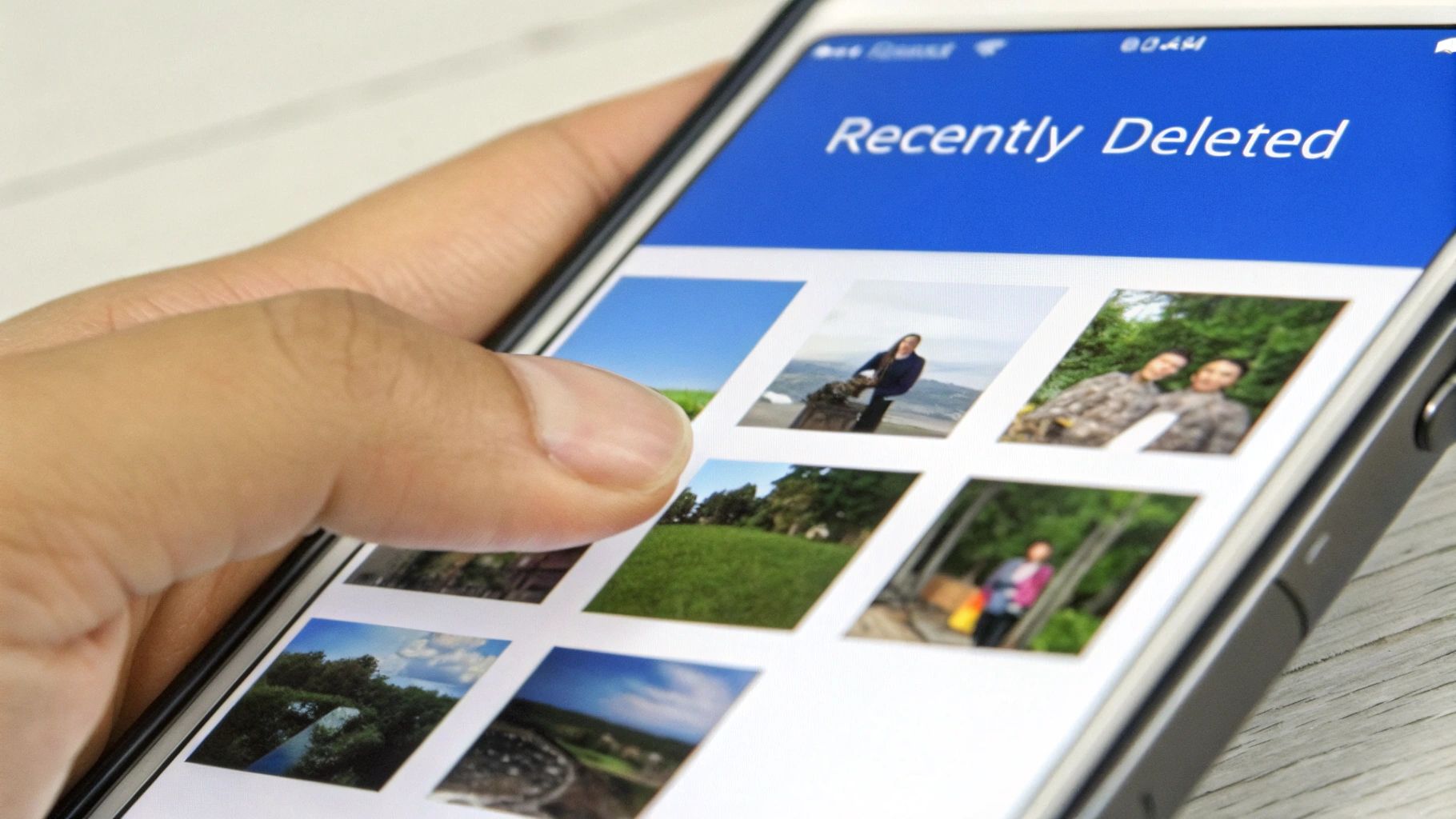 A hand holds a smartphone displaying a 'Recently Deleted' album with various photo thumbnails.