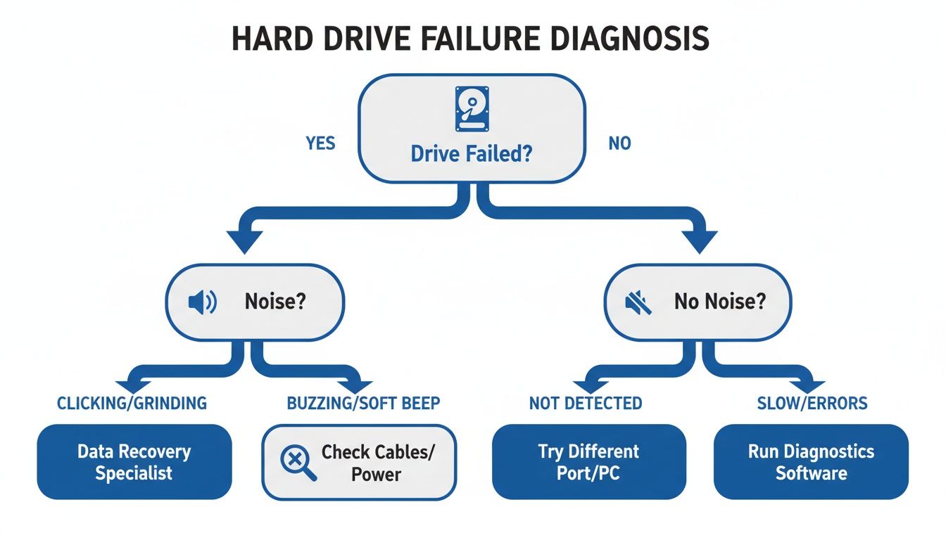 Flowchart for hard drive failure diagnosis, guiding users through troubleshooting steps based on symptoms.