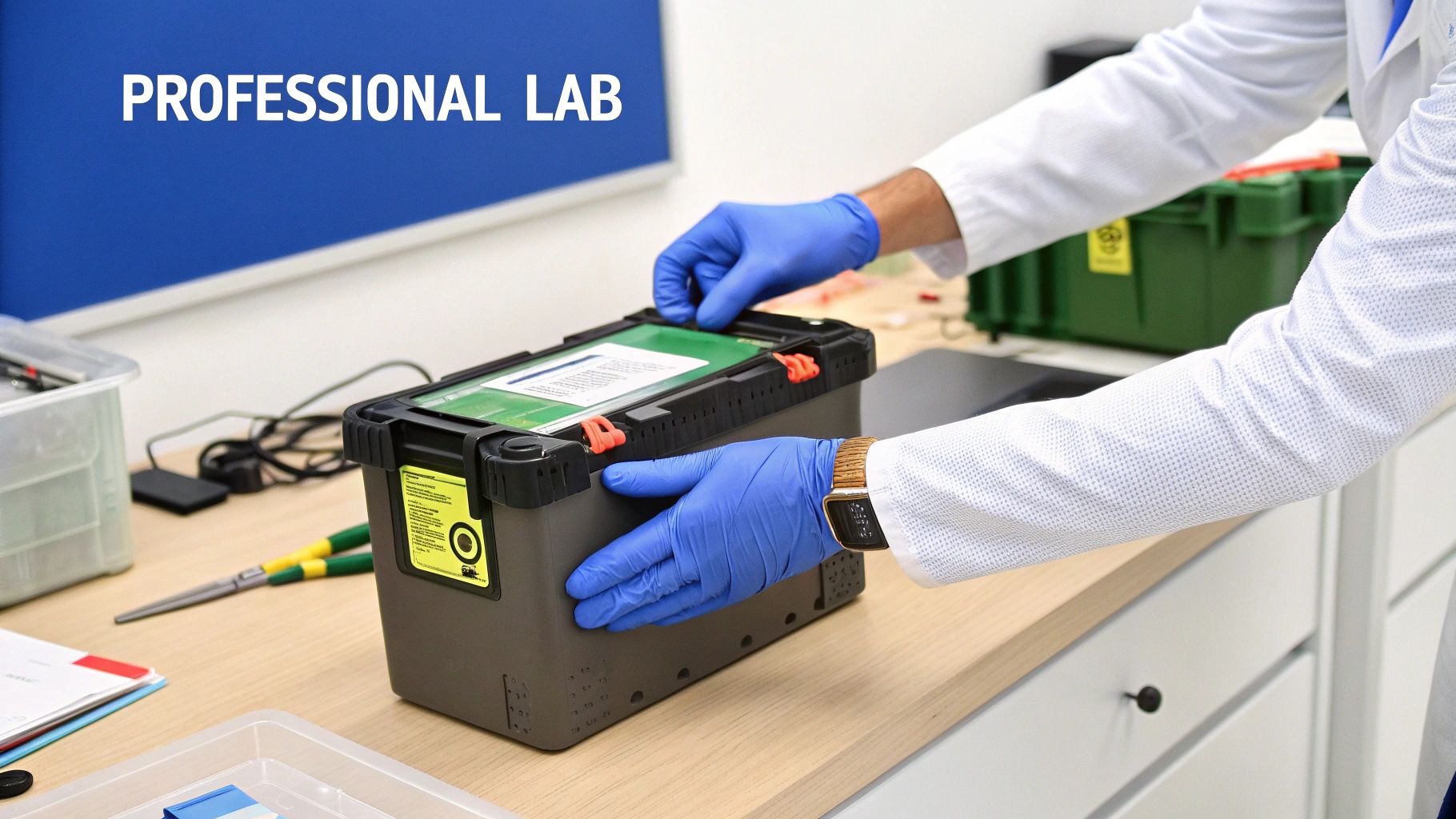 Hands in blue gloves interacting with a gray and green portable lab equipment in a professional lab.