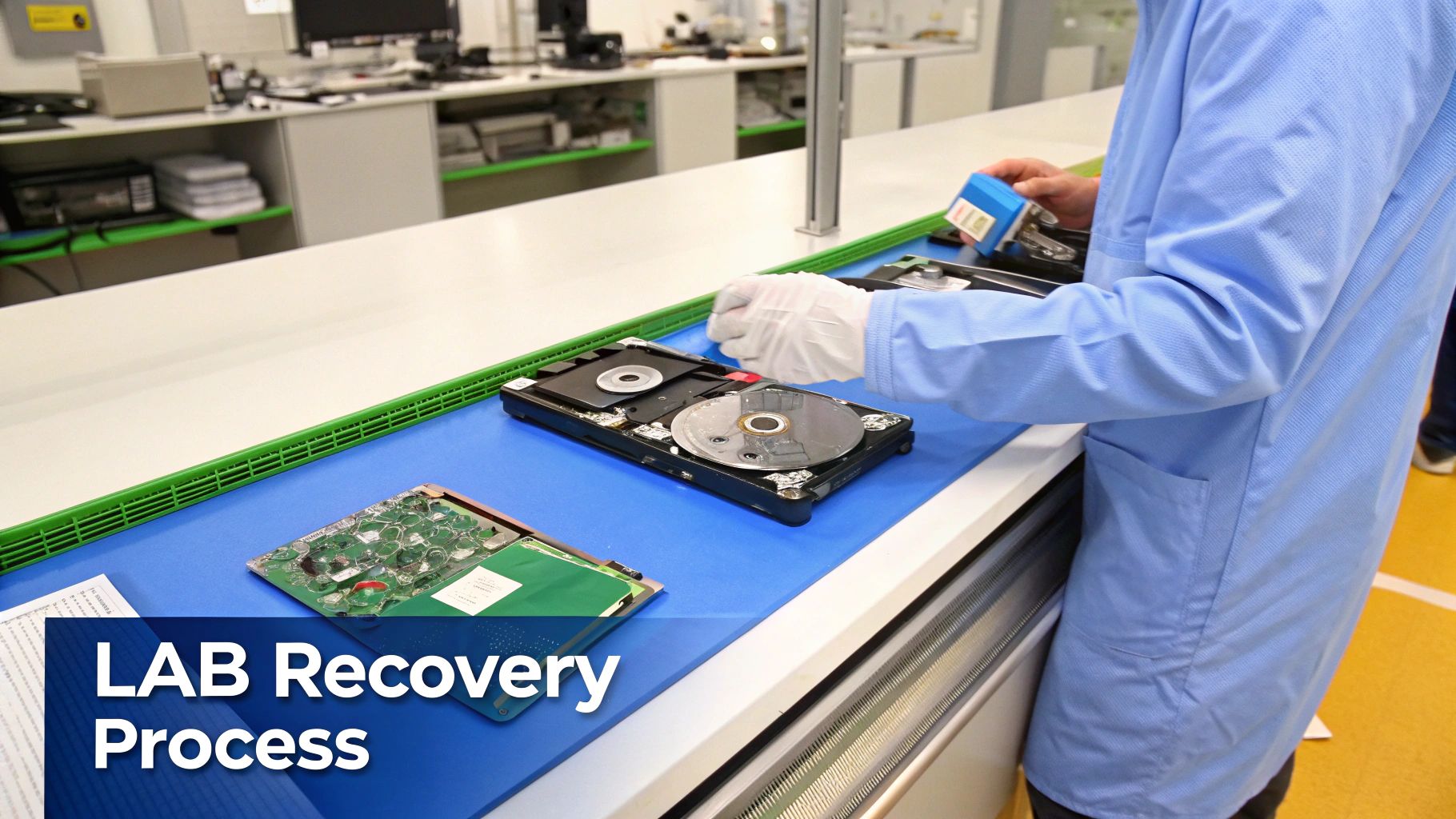 A person in a lab coat and gloves performs data recovery on open hard drives.