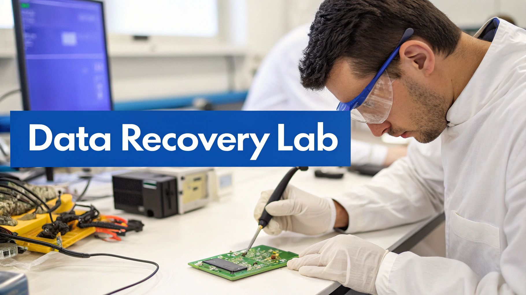 Technician in safety glasses and lab coat soldering a circuit board in a data recovery lab.