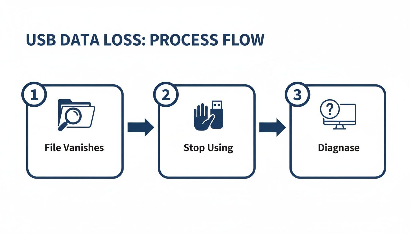 Process flow diagram illustrating three steps for handling USB data loss: file vanishes, stop using, and diagnose.
