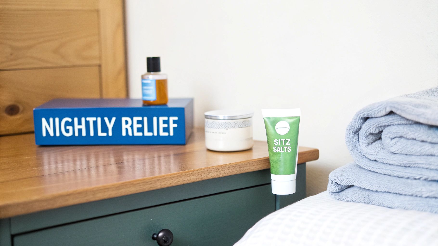A bedside table with a blue 'NIGHTLY RELIEF' box, a bottle, candle, and a 'SITZ SALTS' tube, next to folded towels.